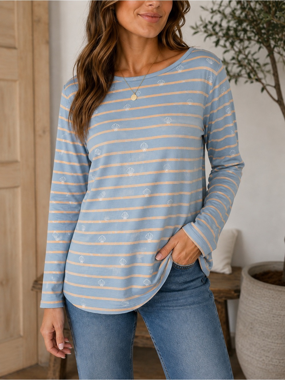 Fat Face Striped Shell Print Long-Sleeve Top - Light Blue